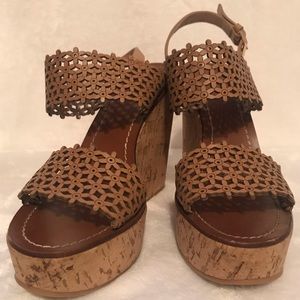 Tory Burch Delicate Floral Leather Tan Wedges, 8